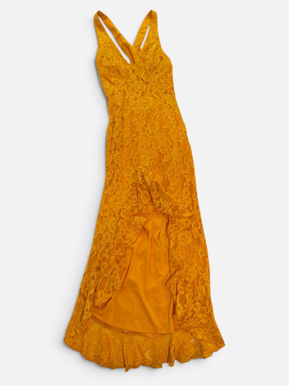NBD X NAVEN V-Neck Lace High-Low Maxi Dress in Goldenrod Yellow Size S